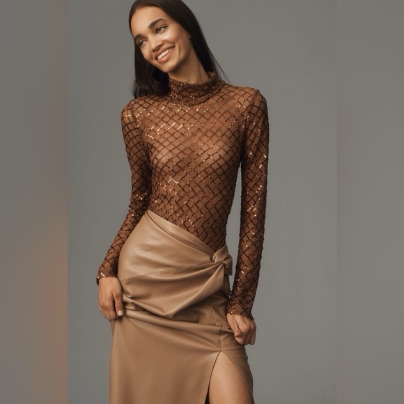 Anthropologie Tops - Anthropologie PILCRO Bronze Sequin Mesh Long Sleeve Turtleneck Top Medium NWT